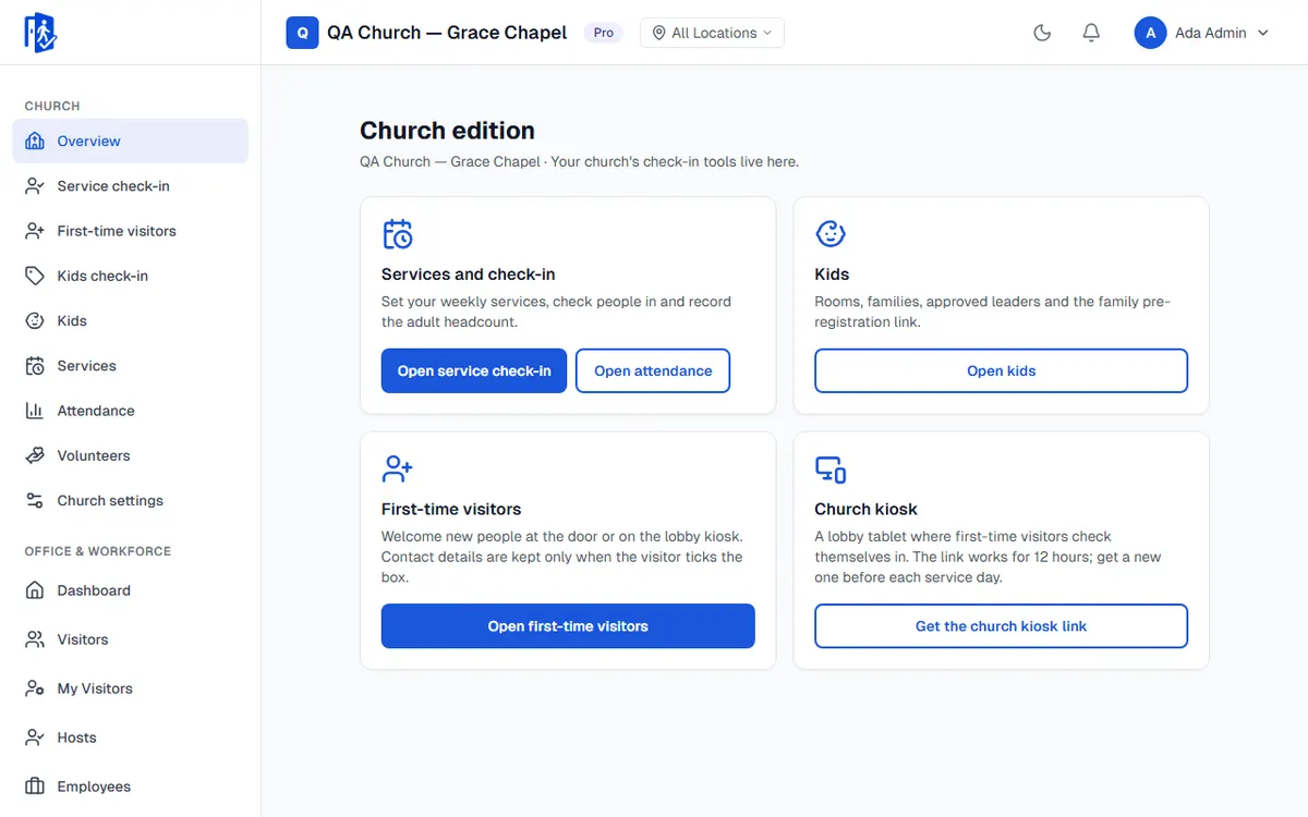 The Church edition overview: services and check-in, kids, first-time visitors and the church kiosk, with QA sample data.