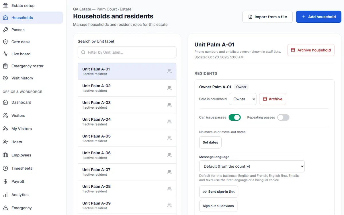 The estate Households and residents page: units, residents and their roles, with QA sample data.