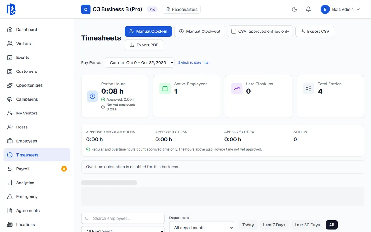 The Timesheets page: the current pay period, hours not yet approved, entries and CSV or PDF export, with QA sample data.